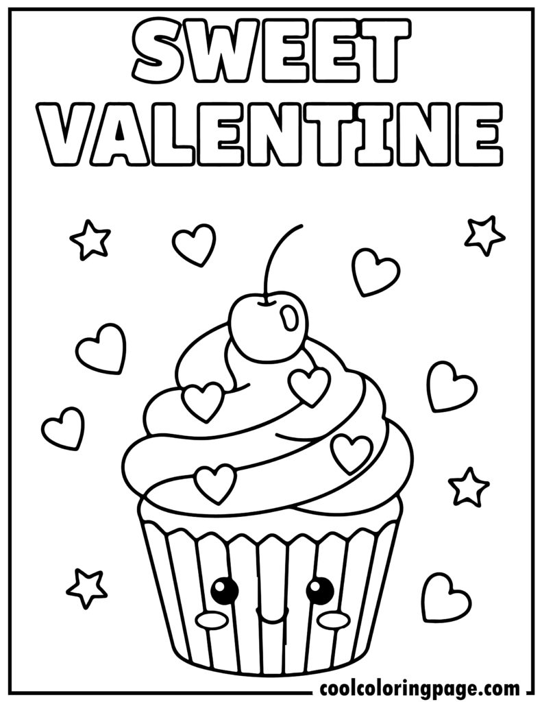 Valentine's Day coloring pages featuring a sweet cupcake with hearts, perfect for cute valentines day coloring pages and easy Valentines coloring pages.