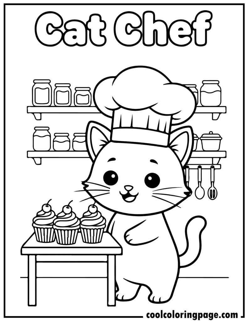 Cute cat coloring pages featuring a chef cat with cupcakes, creative kitty cat coloring pages scene