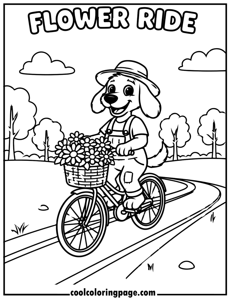 Dog man coloring pages showing a dog hero riding a bicycle with flowers, printable dog coloring pages