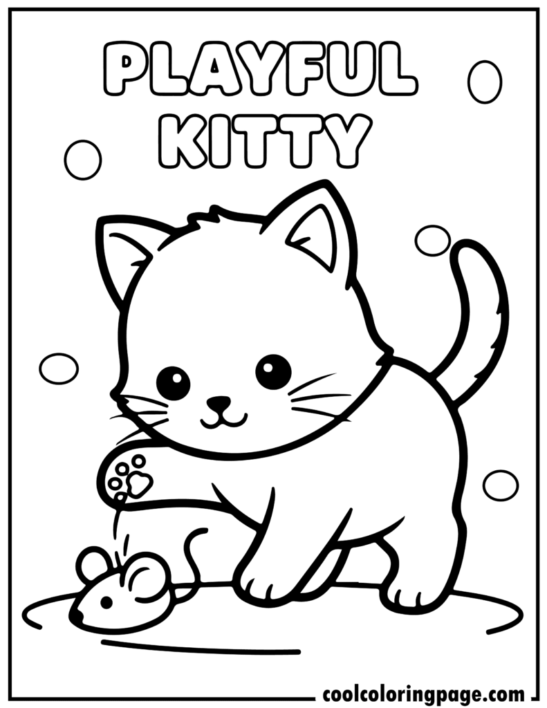 Playful kitty with toy mouse in kitty cat coloring pages, fun kitty coloring activities and simple kitten coloring pages.
