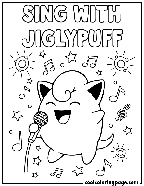 Printable pokemon coloring pages of Jigglypuff singing with music notes, playful pokemon color page with clean bold lines.