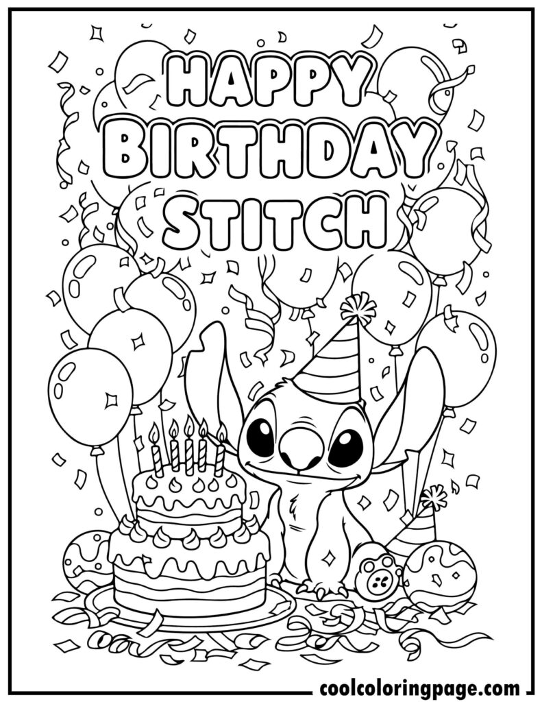 Stitch coloring pages showing a birthday party scene, fun stitch coloring page and printable stitch coloring pages.