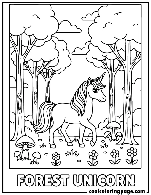 Unicorn coloring pages with a unicorn walking through a forest, coloring pages of unicorns with simple lines.