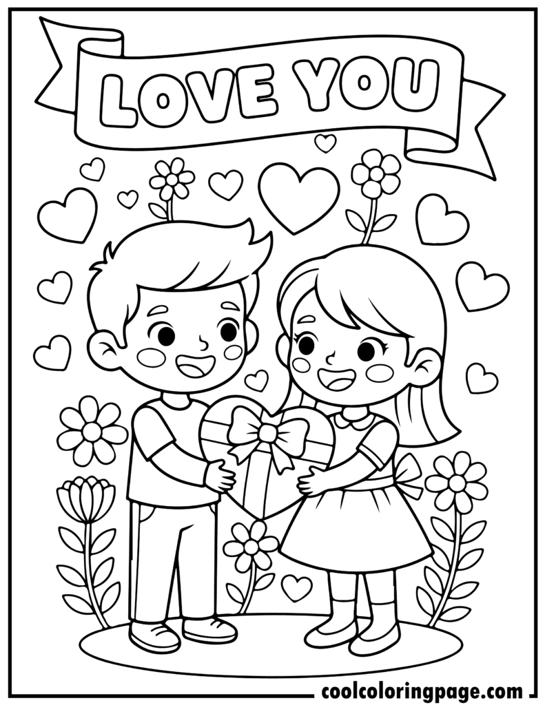 Valentine's Day coloring pages showing a boy and girl exchanging a heart gift, ideal for Valentines Day coloring pages for kids and coloring pages valentines day.