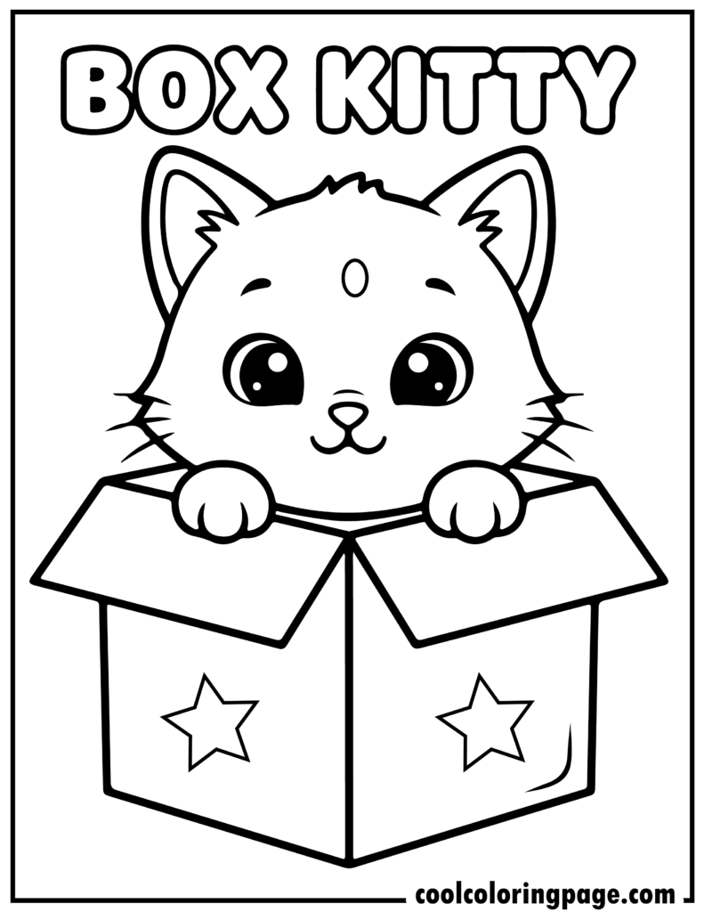 Curious box kitty in kitty cat coloring pages, perfect for easy kitty coloring pages and kitty cat coloring pages for kids.