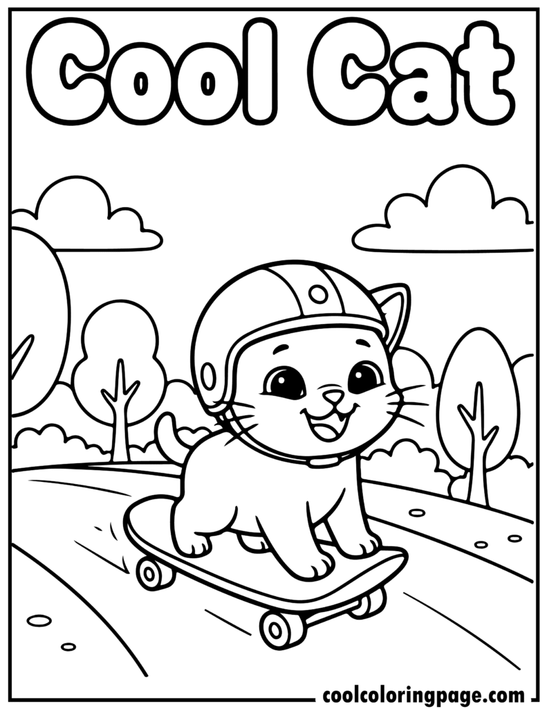 Cute cat coloring pages showing a kitten riding a skateboard, playful cat coloring pages style