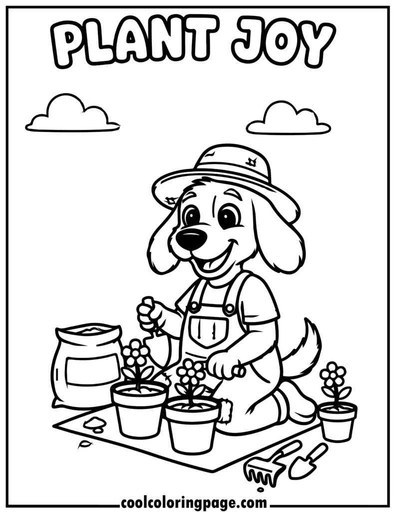 Dog man coloring pages of a dog planting flowers in a garden, cute dog coloring pages for all ages