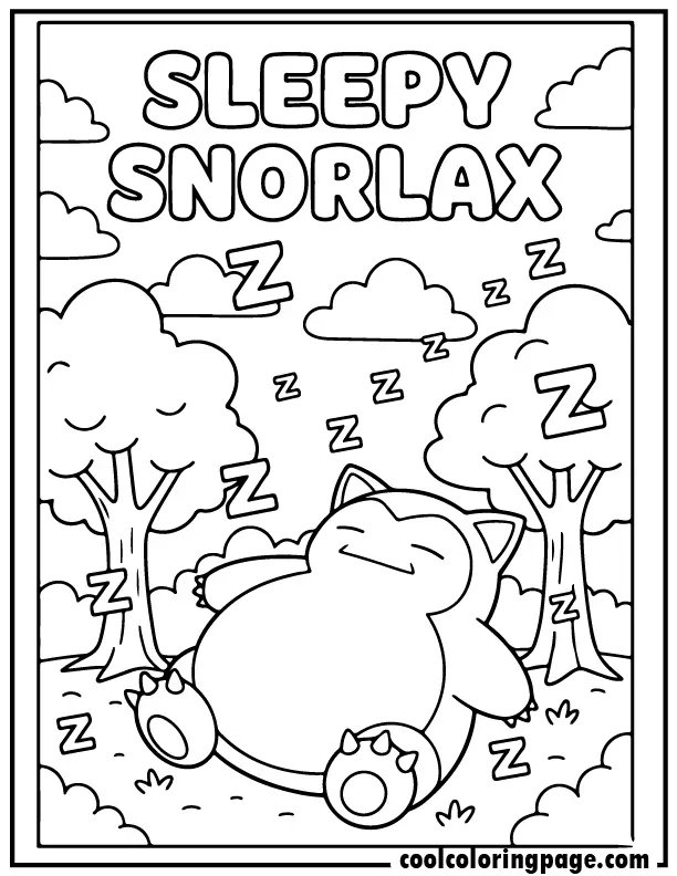 Printable pokemon coloring pages featuring Snorlax sleeping peacefully, relaxing pokemon coloring pages to print for kids and adults.