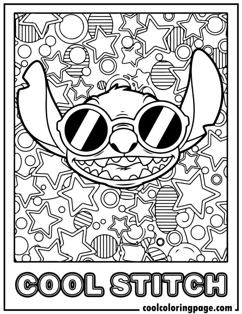 Stitch coloring pages with cool Stitch wearing sunglasses, modern coloring pages of stitch and stitch coloring pages printable.