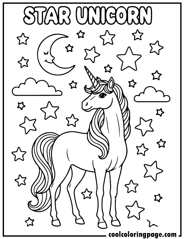 Unicorn coloring pages showing a unicorn under stars and moon, unicorn color page with easy bold outlines.