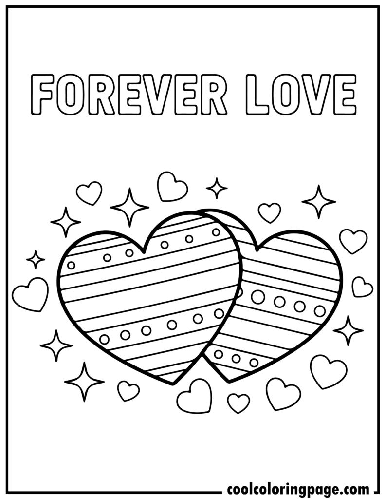 Valentine's Day coloring pages with interlocked hearts, great for simple love coloring pages and valentines day coloring page designs.