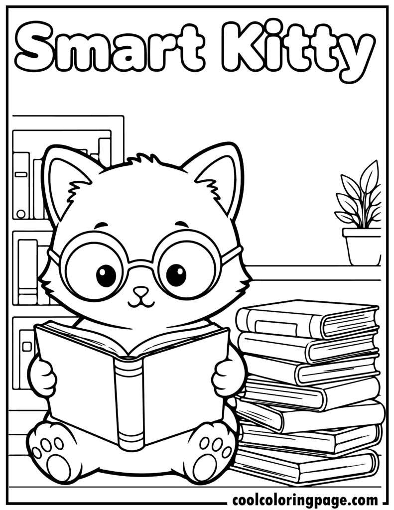 Cute cat coloring pages featuring a reading kitten with books and glasses, simple cat coloring page