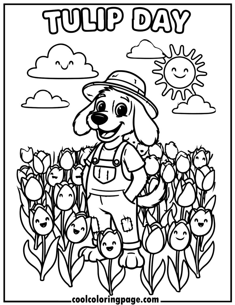 Dog man coloring pages featuring a dog hero in a tulip field, free dog coloring pages