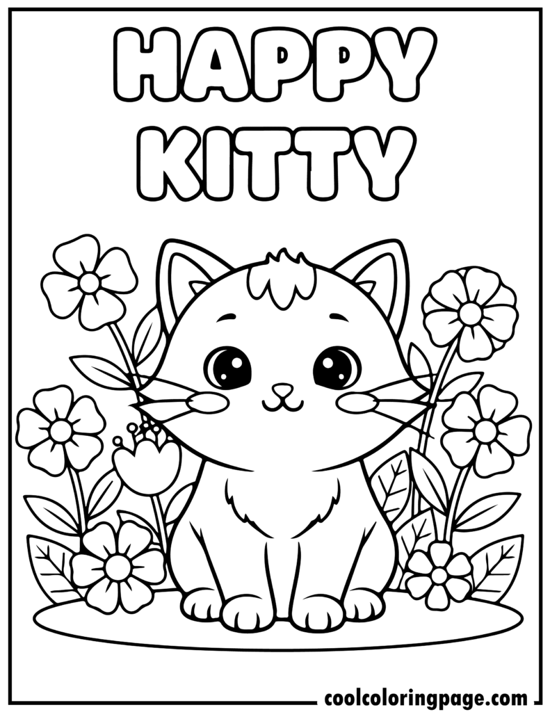 Happy kitty in a flower garden in kitty cat coloring pages, cute kitty cat coloring pages with simple bold outlines.