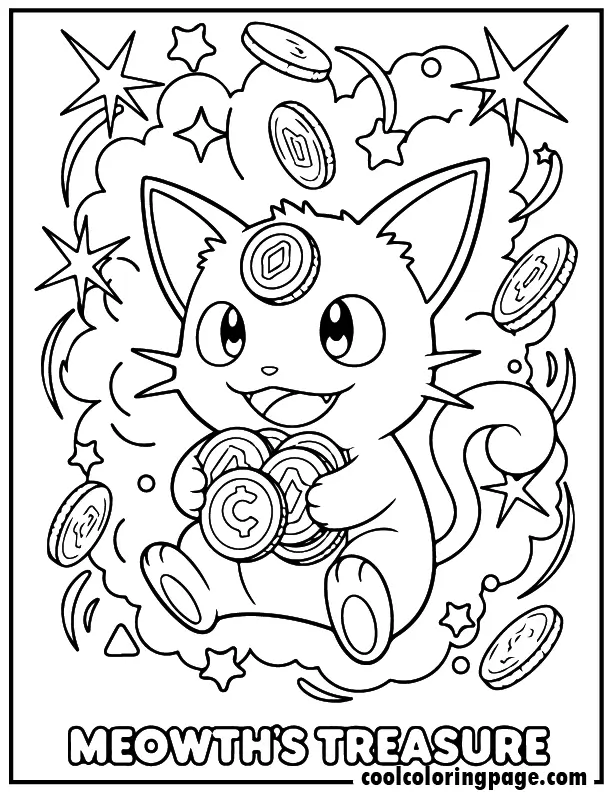 Printable pokemon coloring pages showing Meowth with coins and sparkles, fun pokemon coloring pages printable with simple details.