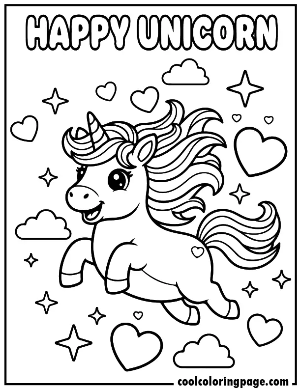 Unicorn coloring pages of a happy jumping unicorn, cute unicorn coloring pages perfect for kids.