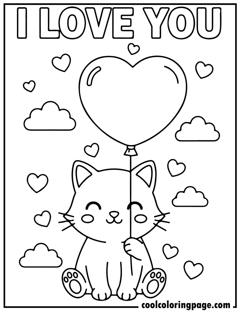 Valentine's Day coloring pages featuring a cute cat holding a heart balloon, perfect for cute valentines day coloring pages and free valentines day coloring pages.
