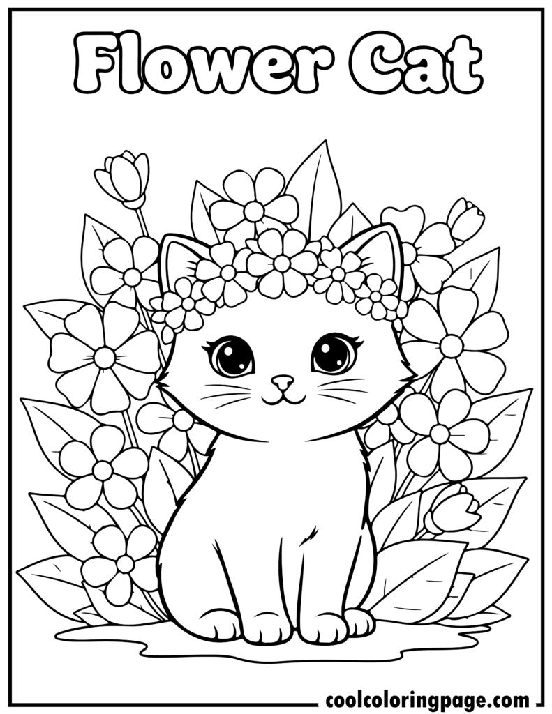 Cute cat coloring pages showing a kitten wearing a flower crown, decorative coloring pages cat
