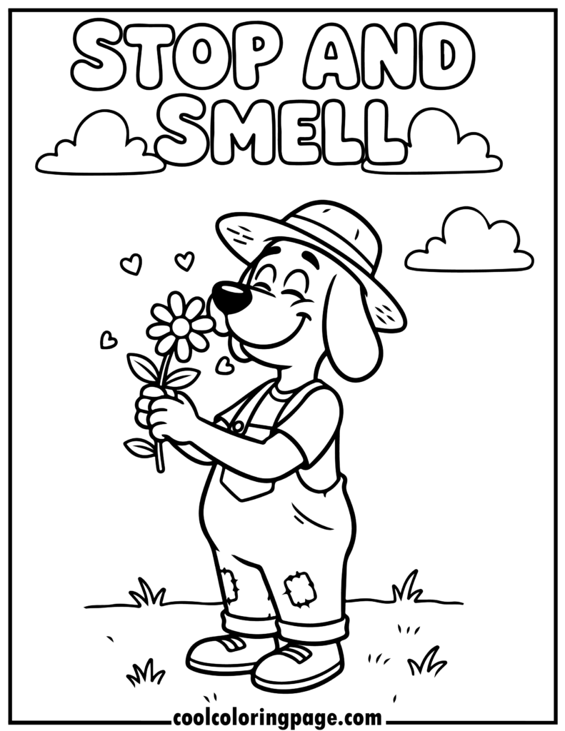 Dog man coloring pages showing a dog smelling flowers, dog coloring pages with simple black outlines