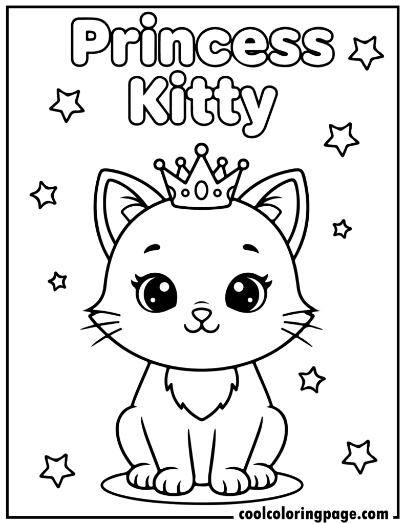Princess kitty wearing a crown in kitty cat coloring pages, adorable kitten coloring pages and kawaii kitty coloring pages.