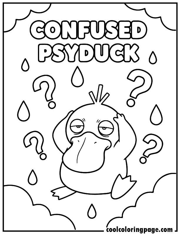 Printable pokemon coloring pages of Psyduck looking confused with question marks, cute pokemon coloring page easy to color.
