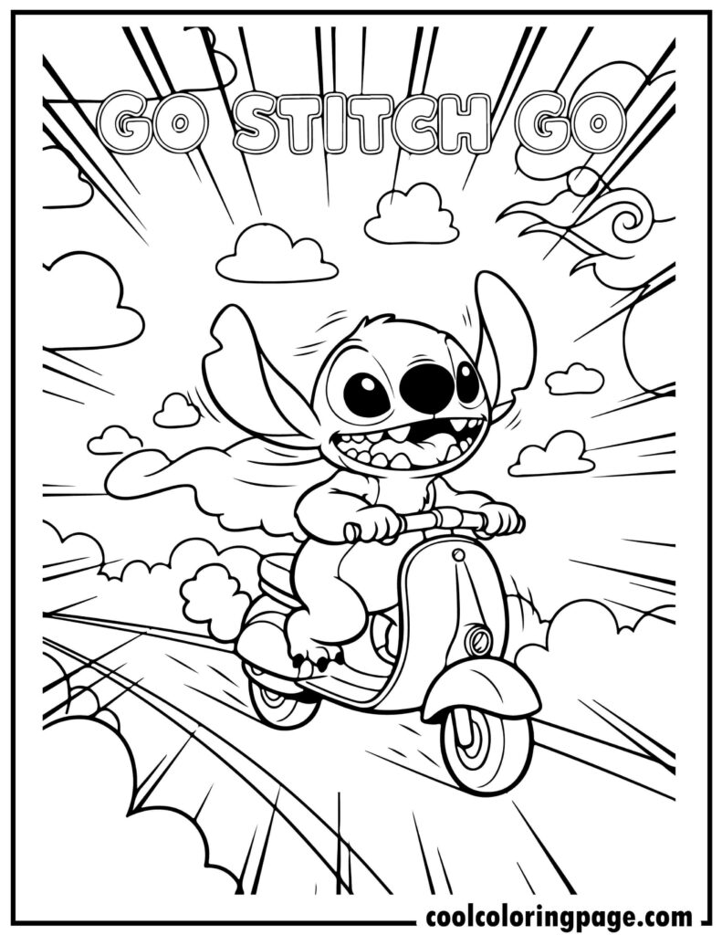 Stitch coloring pages showing Stitch riding a scooter, fun printable stitch coloring pages and coloring pages of stitch.