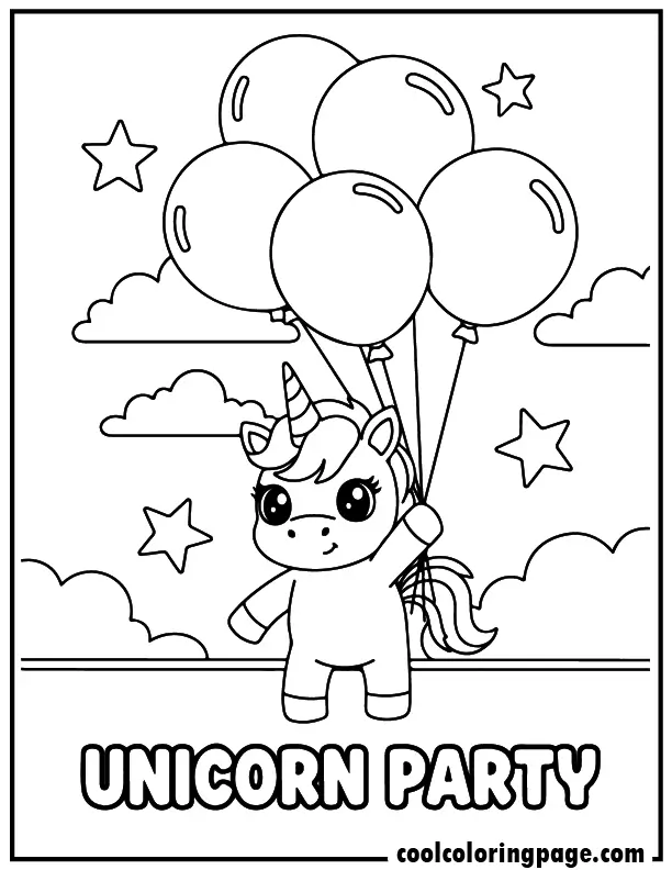 Unicorn coloring pages featuring a unicorn holding balloons, coloring pages unicorn with fun simple details.