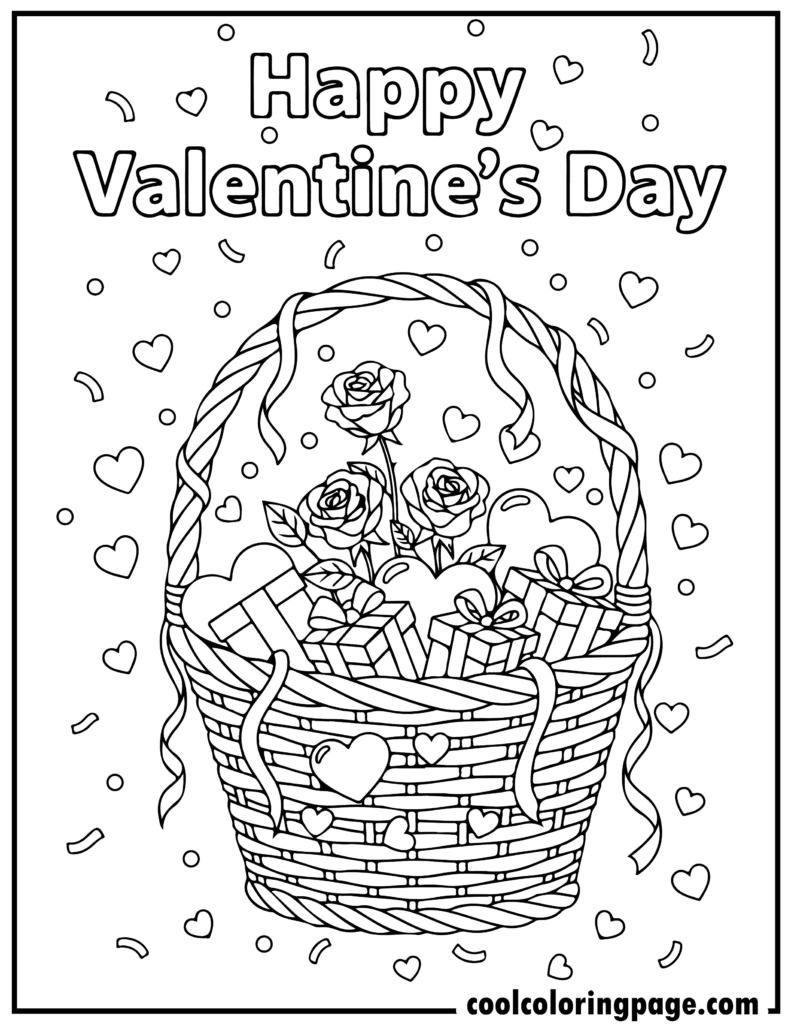 Valentine's Day coloring pages with a basket full of hearts and gifts, ideal for printable Valentines coloring sheets PDF and cute heart coloring pages.