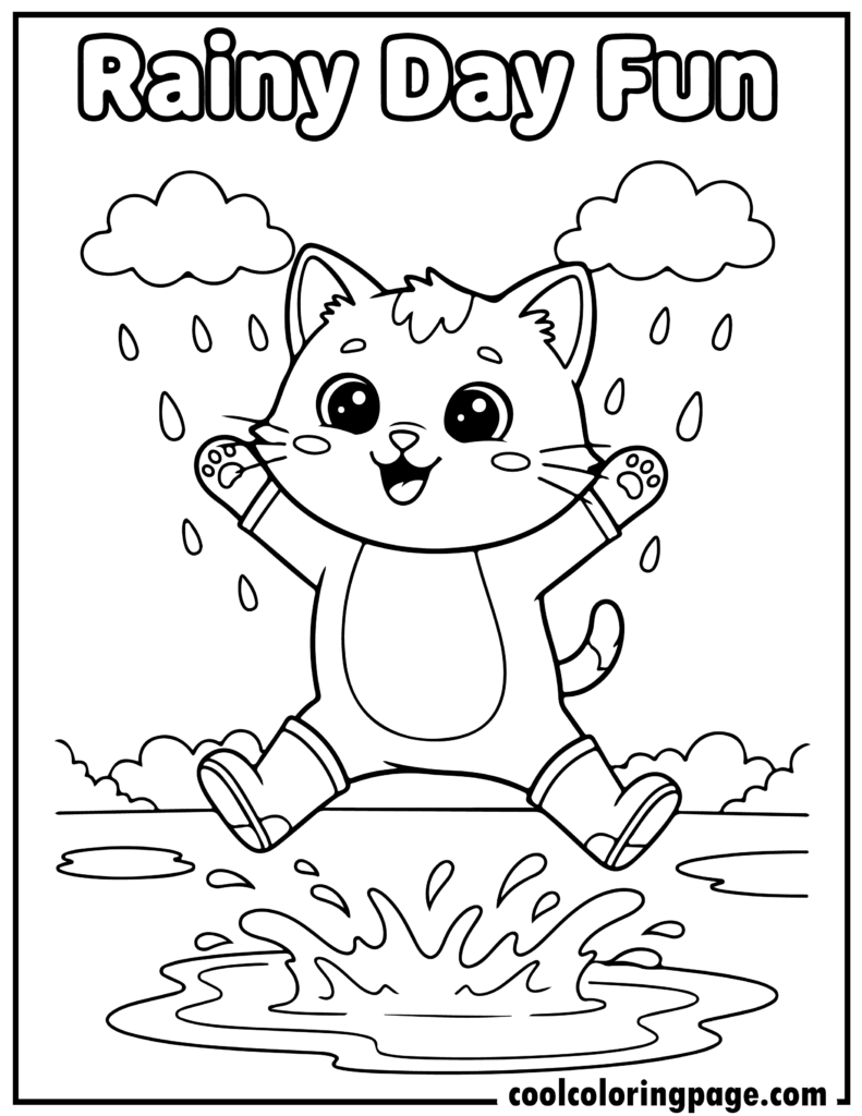 Cute cat coloring pages featuring a kitten jumping in rain puddles, cheerful cat color page