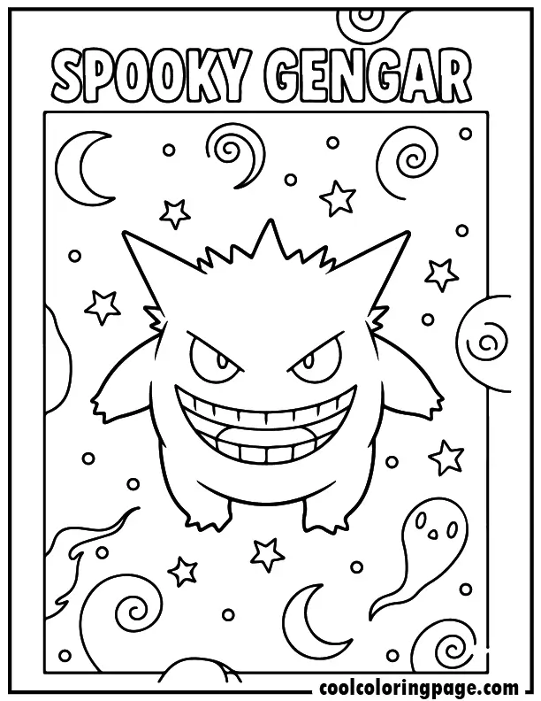 Printable pokemon coloring pages featuring spooky Gengar with stars and moon shapes, bold pokemon coloring pages to print.