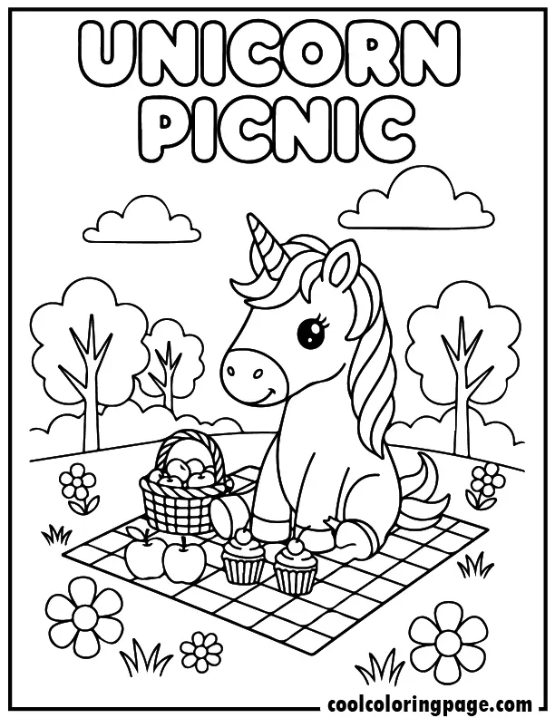 Unicorn coloring pages showing a unicorn picnic scene, unicorns coloring pages with bold black outlines.