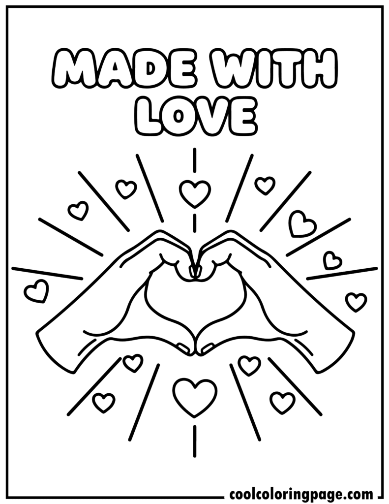 Valentine's Day coloring pages showing hands forming a heart shape, great for simple love coloring pages and Valentines day color pages.