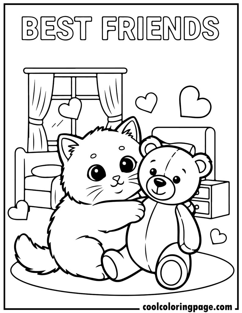 Cute cat coloring pages showing a kitten hugging a teddy bear, sweet kitty cat coloring pages