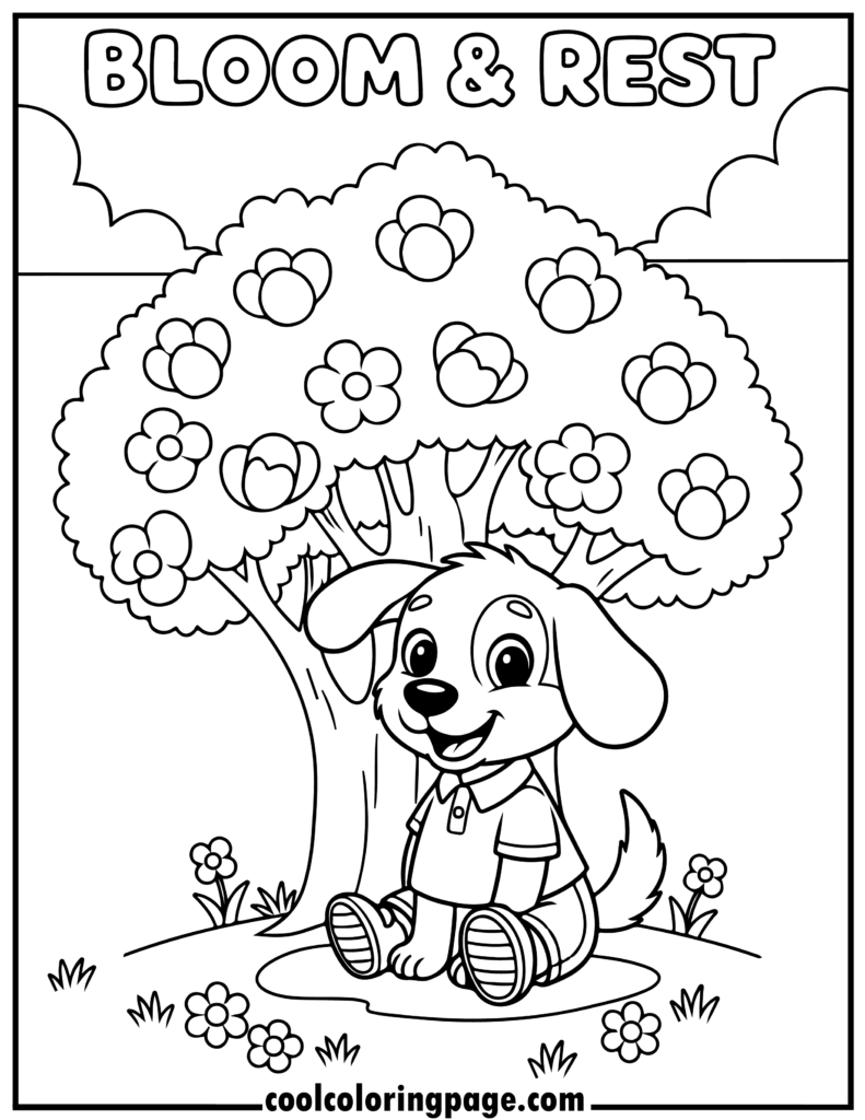 Dog man coloring pages featuring a dog resting under a flower tree, cute dog coloring pages