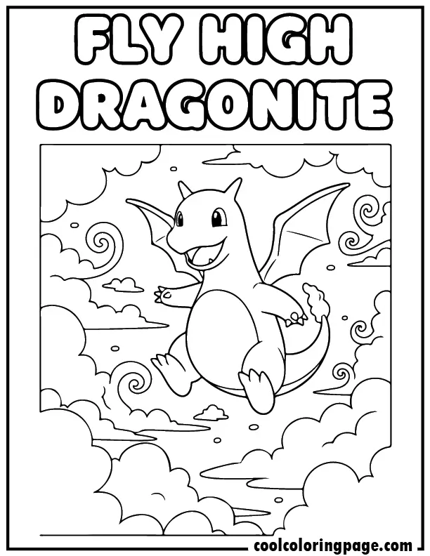 Printable pokemon coloring pages of Dragonite flying among clouds, adventurous pokemon pages to print and color.