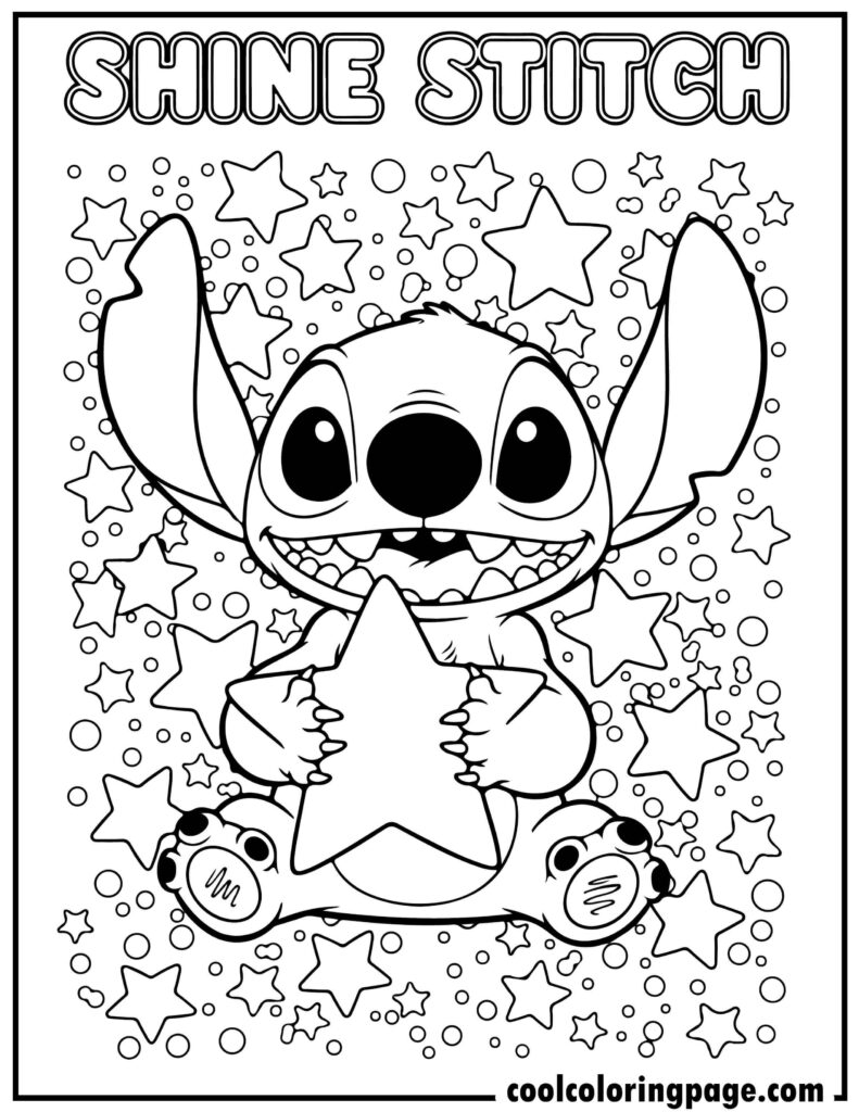 Stitch coloring pages showing Stitch holding a star, magical coloring pages stitch and printable stitch coloring pages.