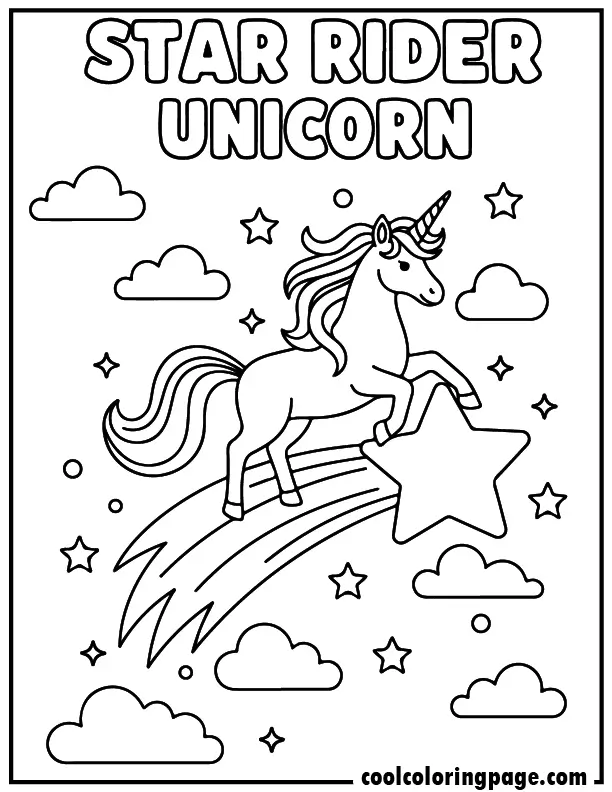 Unicorn coloring pages featuring a unicorn riding a shooting star, unicorn color pages for easy coloring.