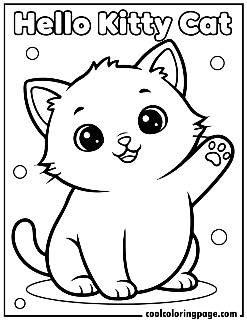 Waving kitty saying hello in kitty cat coloring pages, fun kitty coloring activities and baby kitty coloring pages.