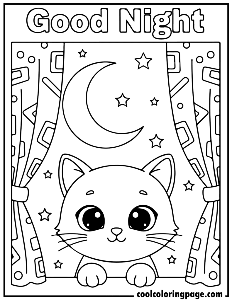 Cute cat coloring pages featuring a kitten looking out a window at the moon, calm coloring page cat