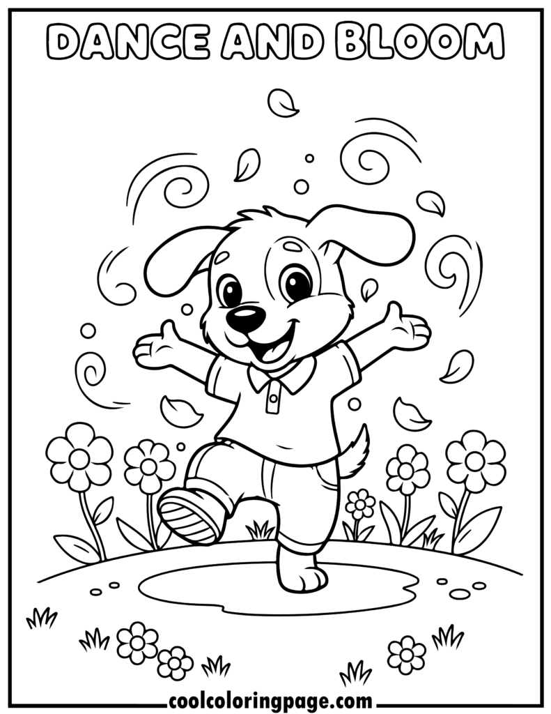 Dog man coloring pages of a dancing dog surrounded by flowers, free dog coloring pages
