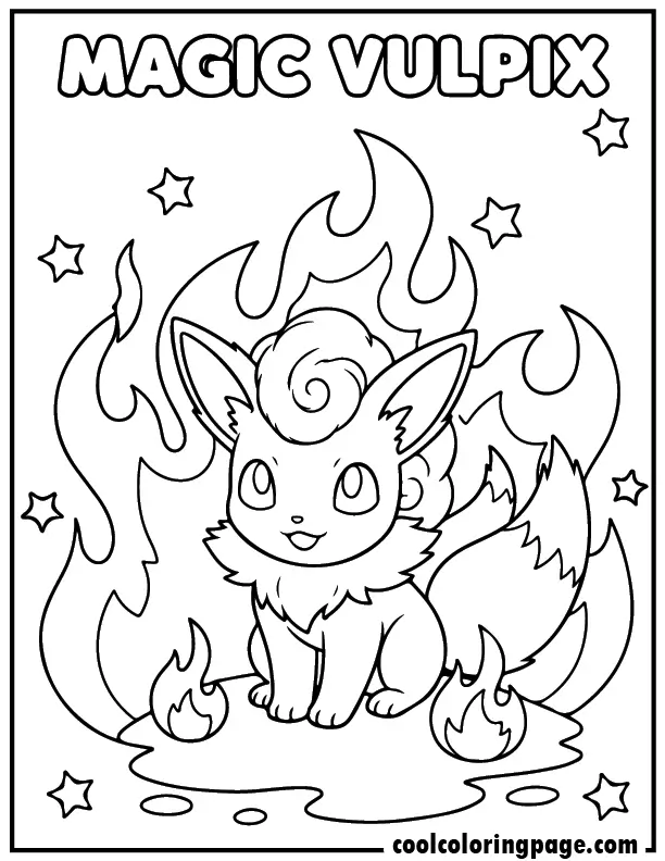 Printable pokemon coloring pages featuring Vulpix with magical flames, elegant pokemon coloring pages printable with simple lines.