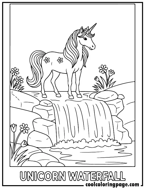 Unicorn coloring pages of a unicorn near a waterfall, coloring page unicorn with calm nature scene.
