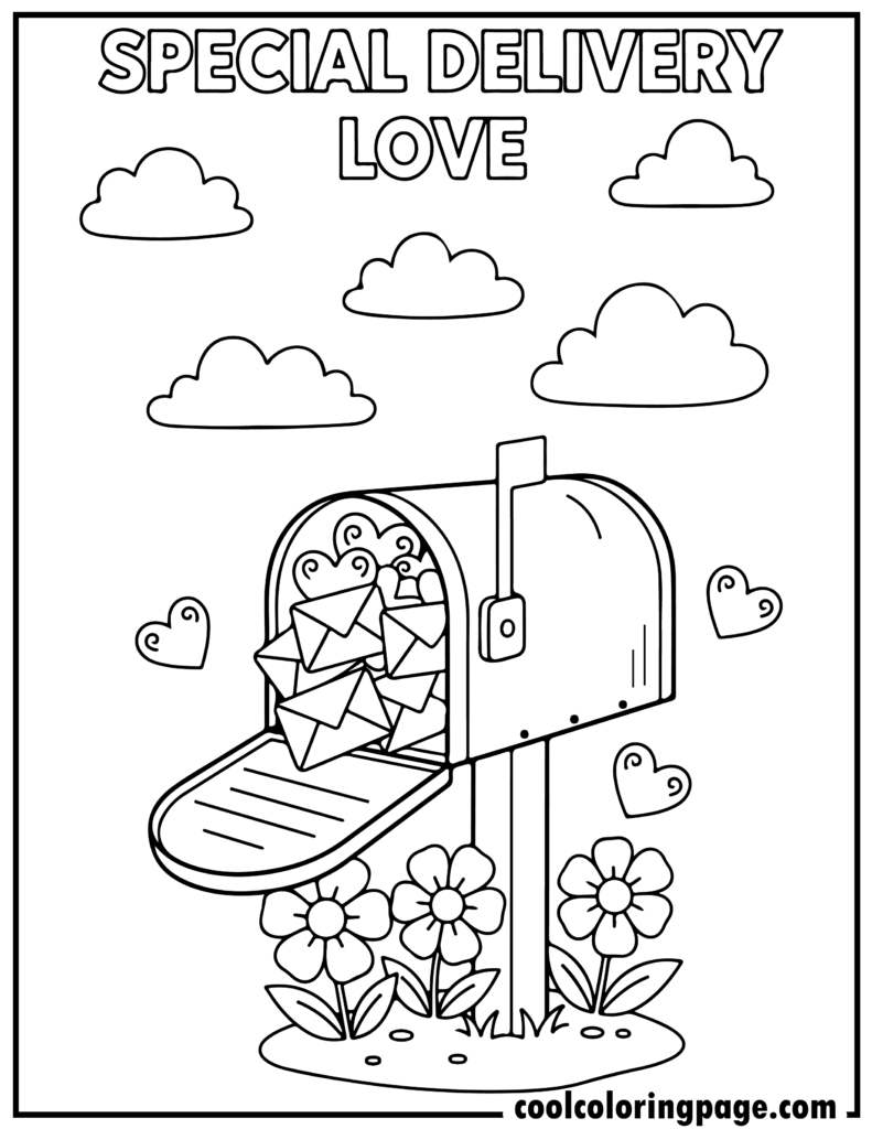 Valentine's Day coloring pages with a mailbox full of love letters, ideal for free valentines day coloring pages and coloring pages valentines day.