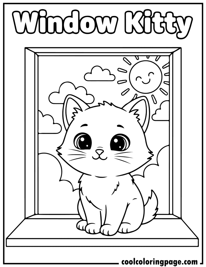 Kitty sitting by a window in kitty cat coloring pages, calm coloring pages of kitty cats with simple lines.