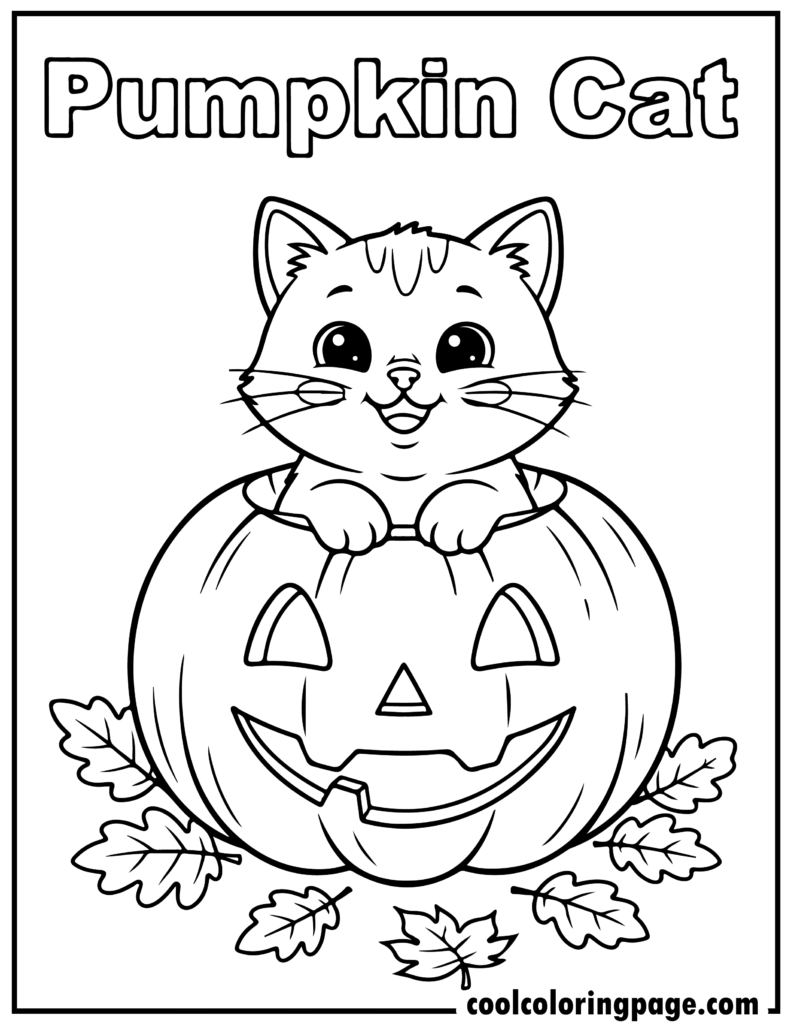 Cute cat coloring pages showing a kitten inside a pumpkin with leaves, seasonal cat coloring pages