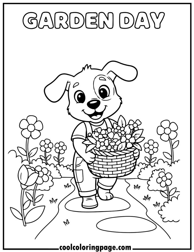 Dog man coloring pages showing a dog gardener carrying flowers, printable dog coloring pages