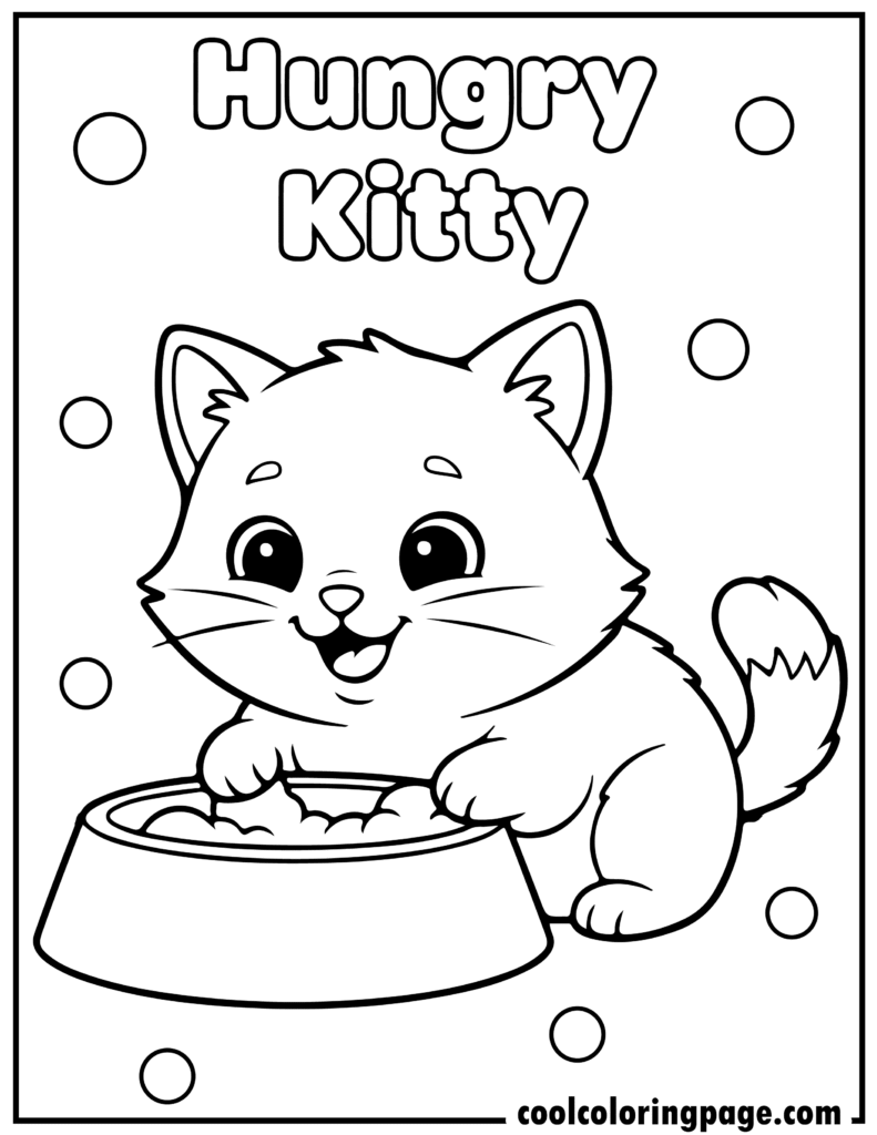 Hungry kitty eating from a bowl in kitty cat coloring pages, easy kitty coloring pages for kids.
