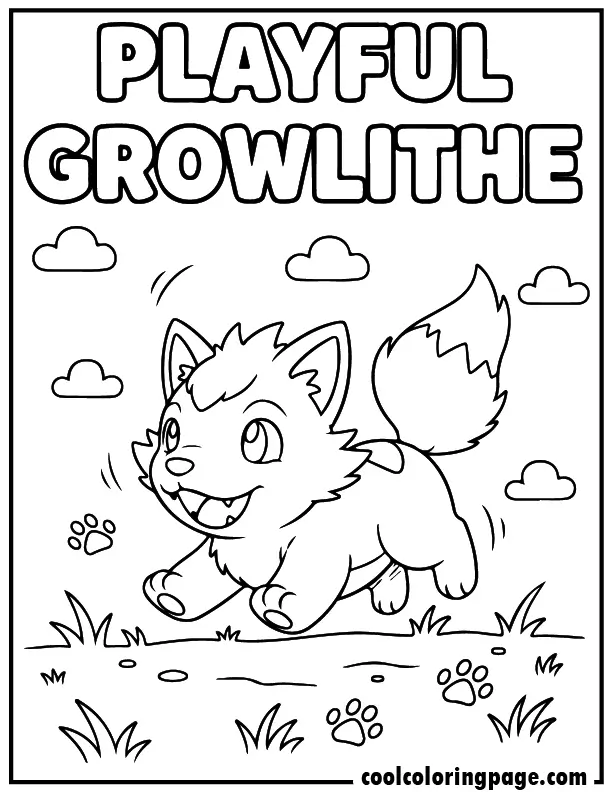 Printable pokemon coloring pages showing playful Growlithe running on grass, fun pokemon coloring pages to print.