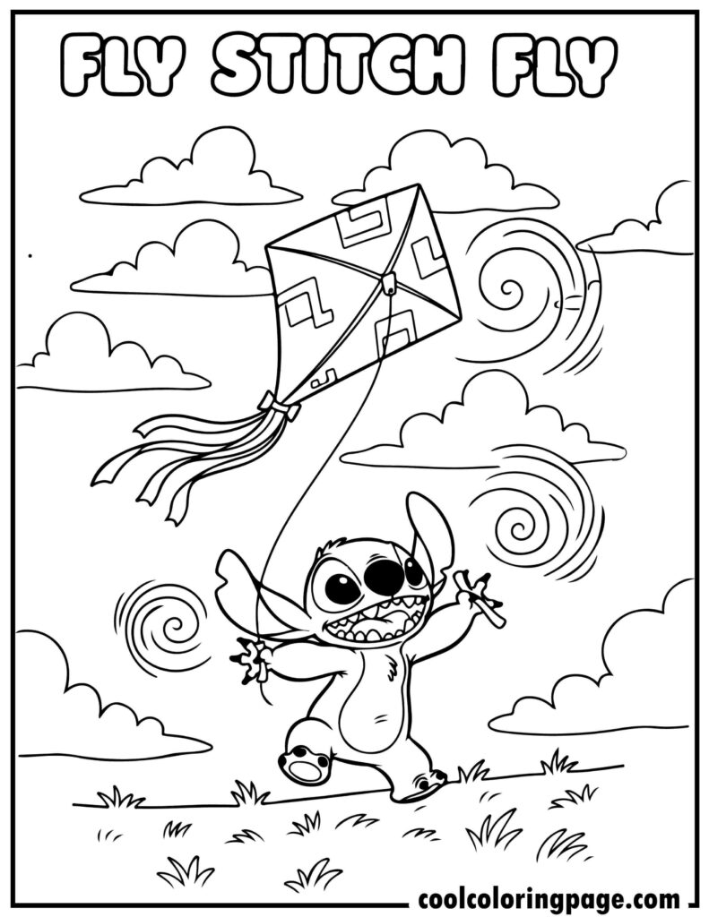 Stitch coloring pages showing Stitch flying a kite, outdoor stitch coloring page and printable stitch coloring pages.
