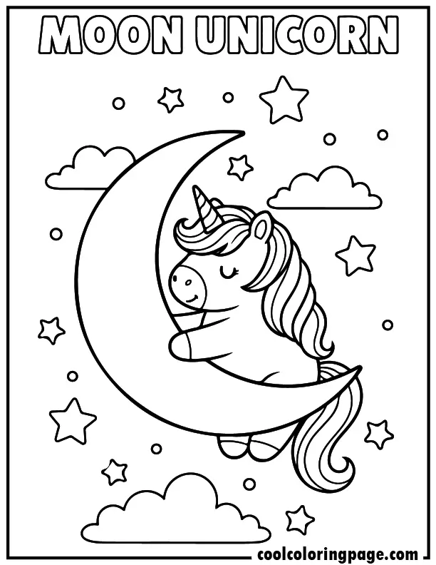 Unicorn coloring pages showing a unicorn hugging the moon, baby unicorn coloring pages with simple shapes.
